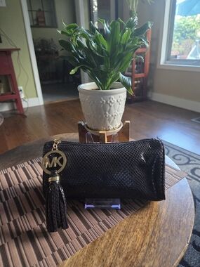 Michael Kors Black Snake-Embossed Leather Tassel Clutch